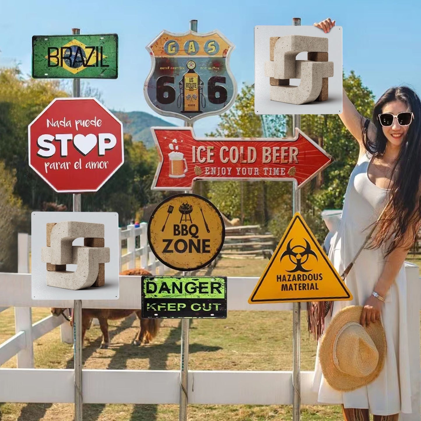 Interlocking Geometric Tin Wall Art | Modern Abstract Block Structure Metal Sign | 12"x12" Weatherproof Tinplate Decor