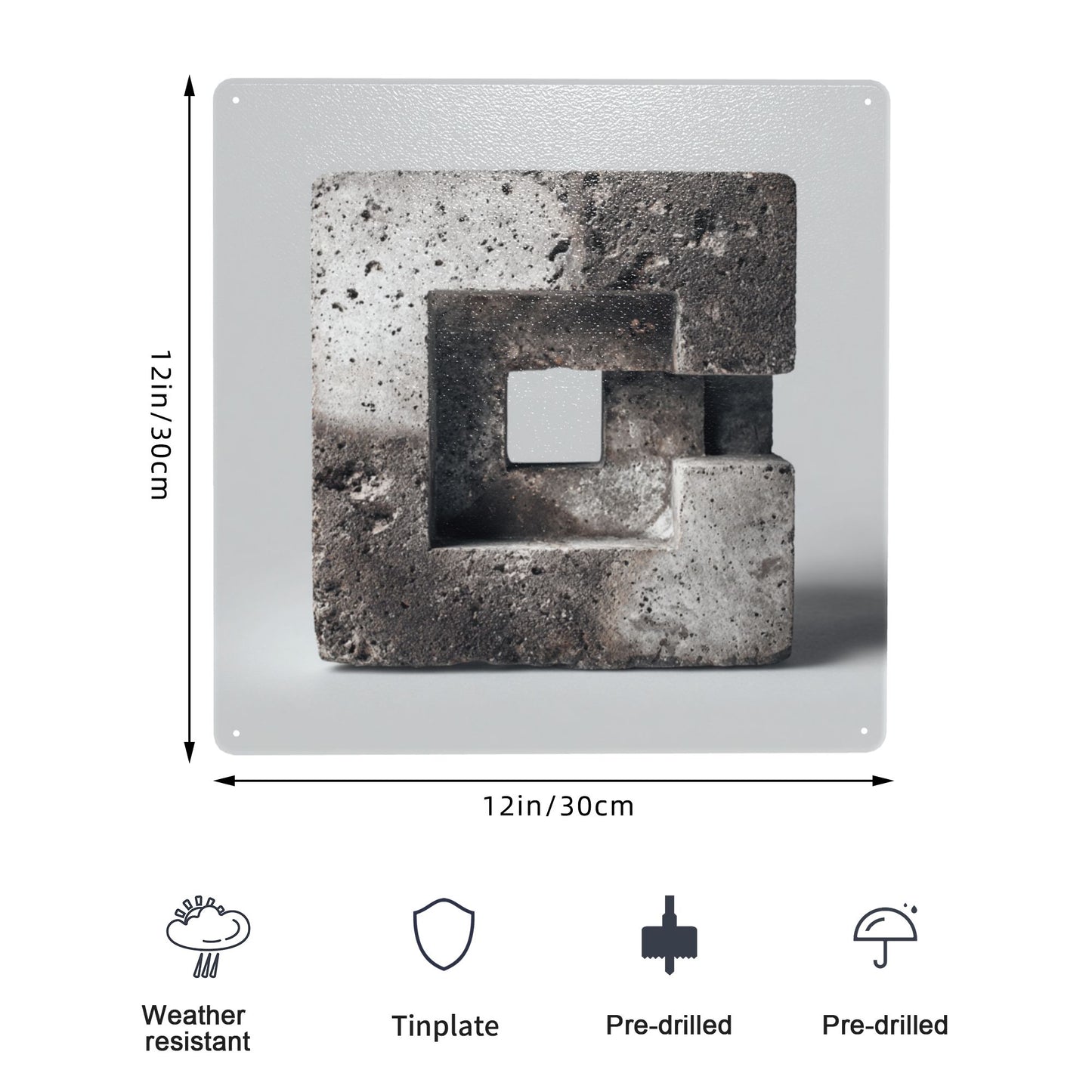 Industrial Concrete Style Square Metal Wall Art | 12"x12" Tin Sign with Pre-Drilled Holes | Waterproof & Weather-Resistant