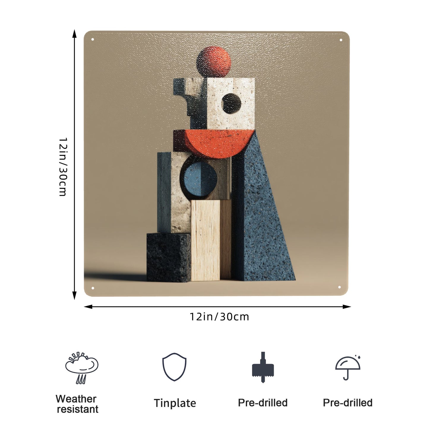 Geometric Structure Abstract Tin Metal Wall Art | Modern 12"x12" Square Sign | Weatherproof, Rustproof with Pre-Drilled Holes