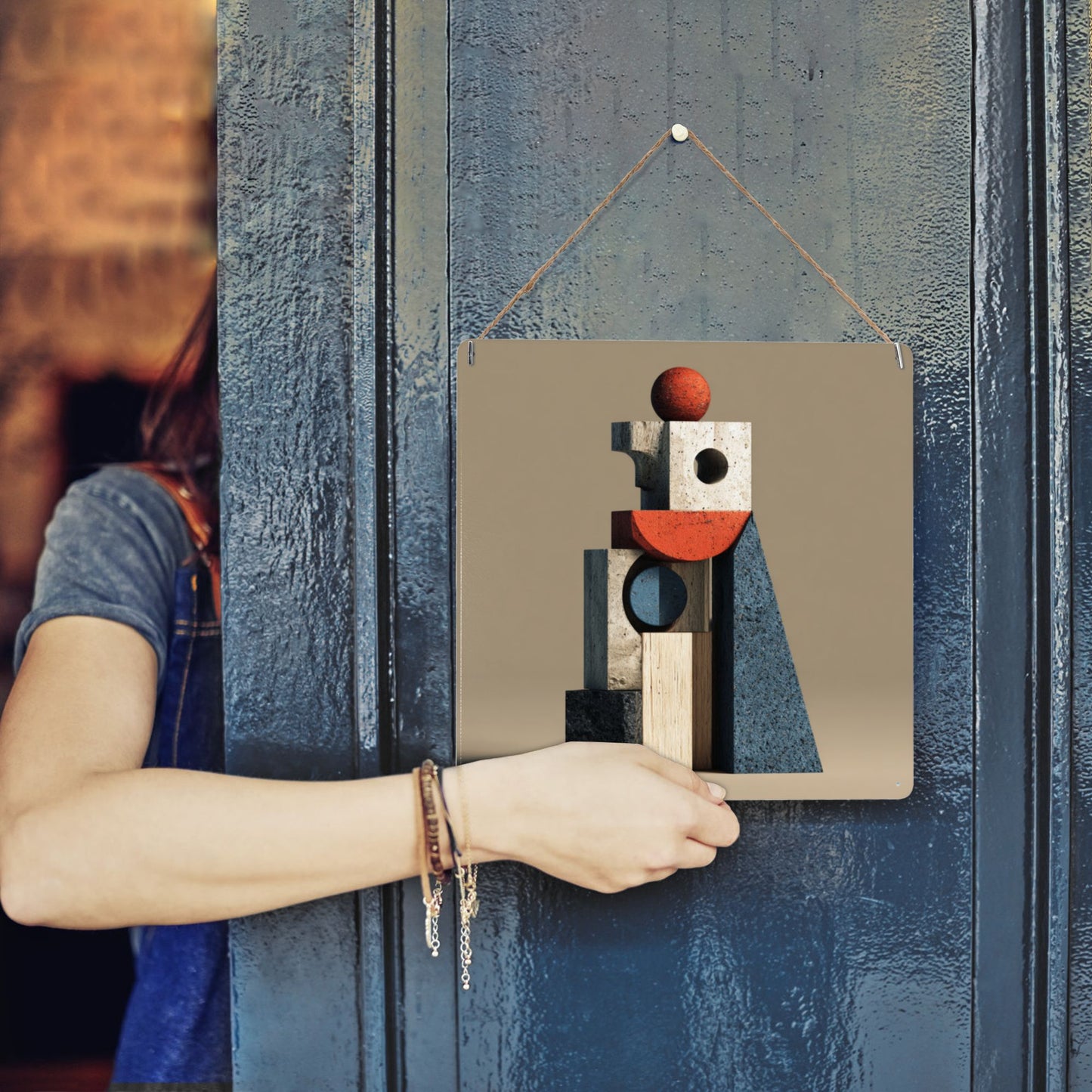 Geometric Structure Abstract Tin Metal Wall Art | Modern 12"x12" Square Sign | Weatherproof, Rustproof with Pre-Drilled Holes