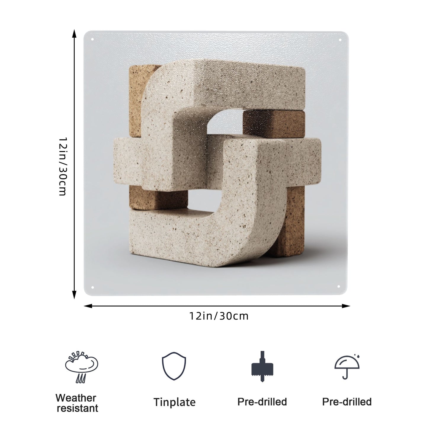 Interlocking Geometric Tin Wall Art | Modern Abstract Block Structure Metal Sign | 12"x12" Weatherproof Tinplate Decor