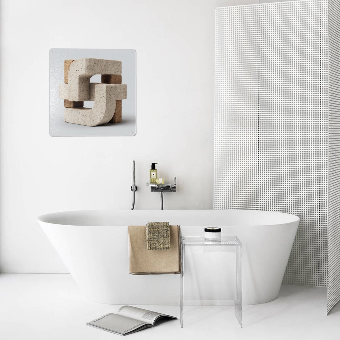 Interlocking Geometric Tin Wall Art | Modern Abstract Block Structure Metal Sign | 12"x12" Weatherproof Tinplate Decor