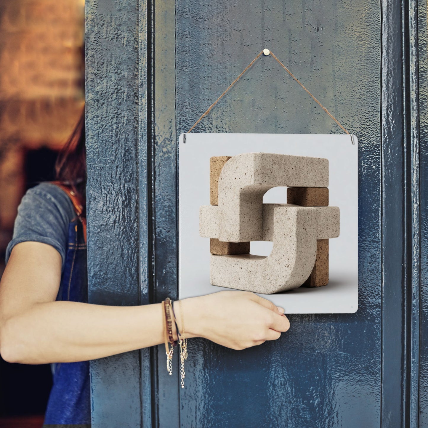 Interlocking Geometric Tin Wall Art | Modern Abstract Block Structure Metal Sign | 12"x12" Weatherproof Tinplate Decor