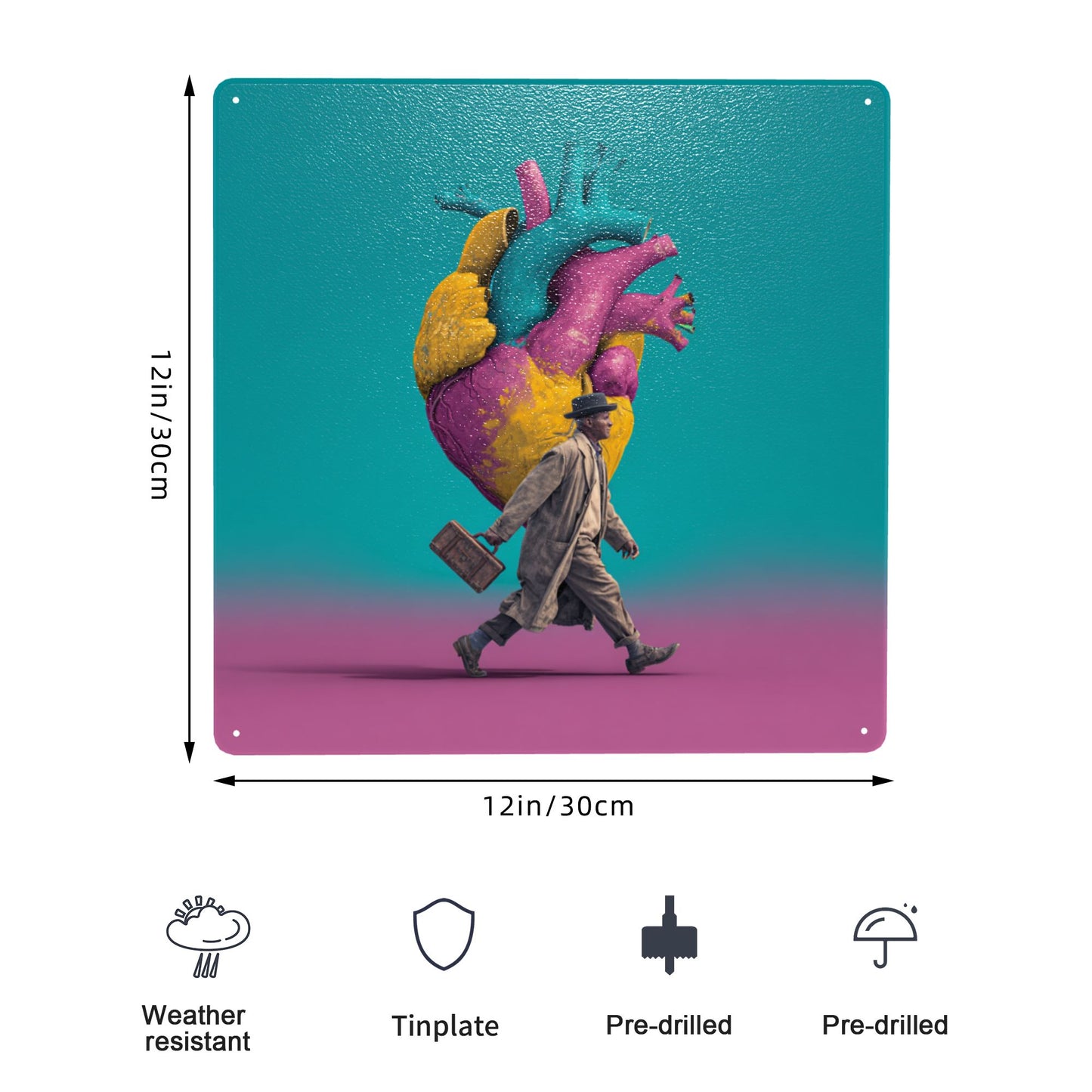 Retro Man & Heart Graffiti Tin Sign | Pop Art Wall Decor | 12"x12" Modern Emotional Metal Poster