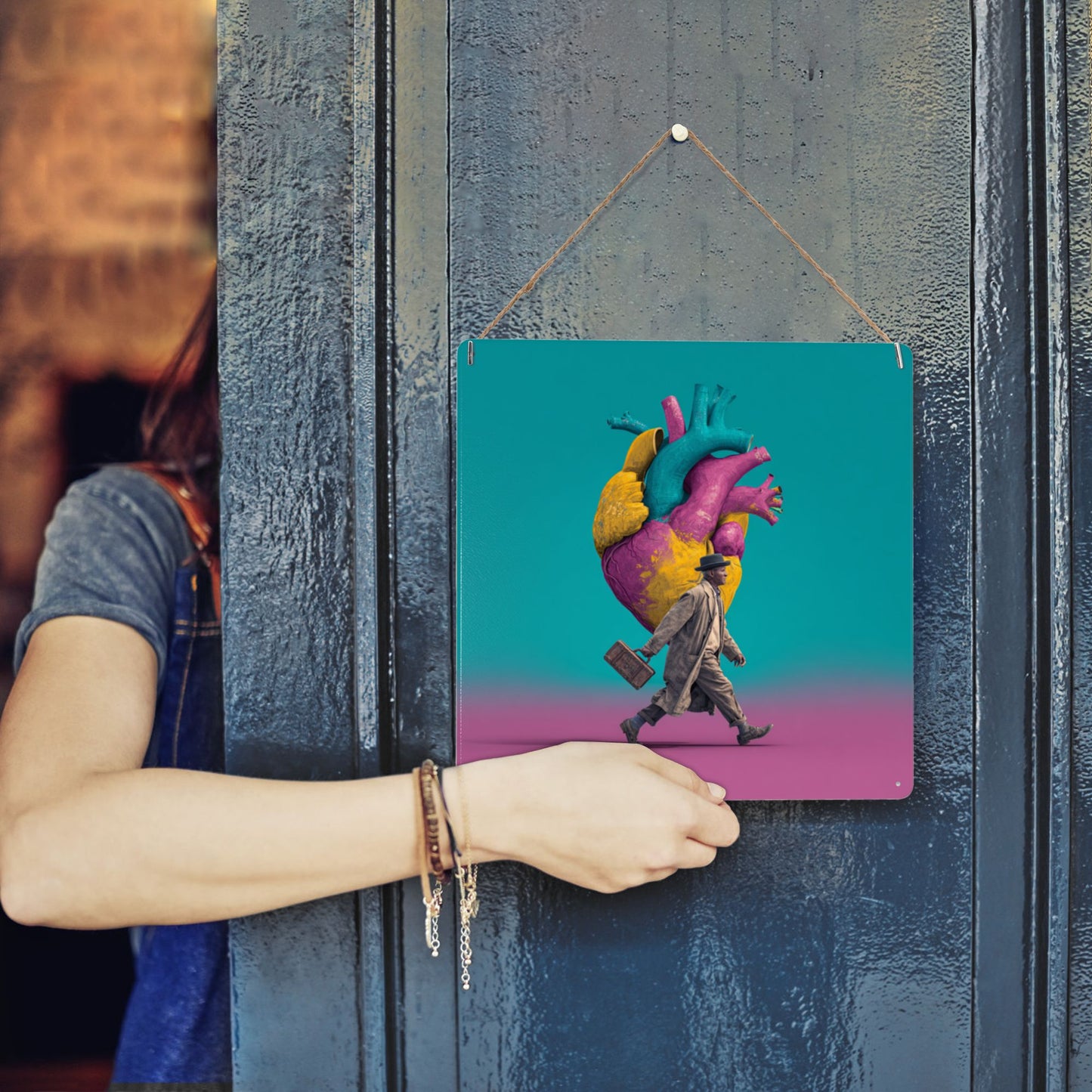 Retro Man & Heart Graffiti Tin Sign | Pop Art Wall Decor | 12"x12" Modern Emotional Metal Poster