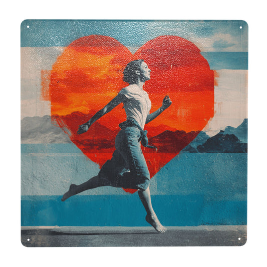 Running Girl with Heart Tin Sign | Vintage Pop Wall Art | 12"x12" Colorful Emotional Metal Poster