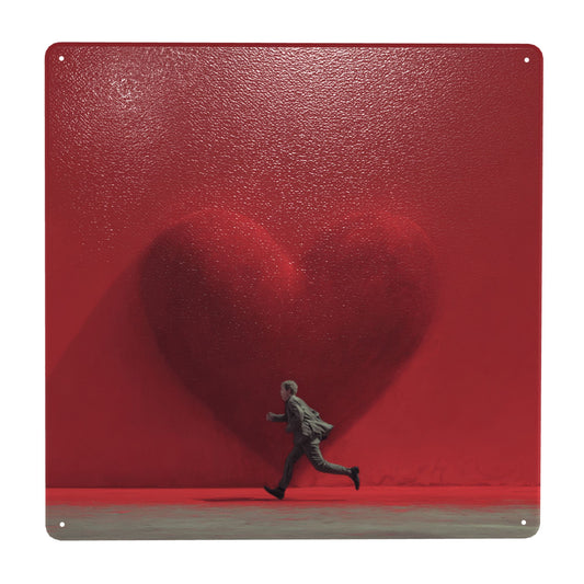 Red Heart & Running Man Tin Sign | Modern Minimalist Wall Art | 12"x12" Emotional Metal Decor