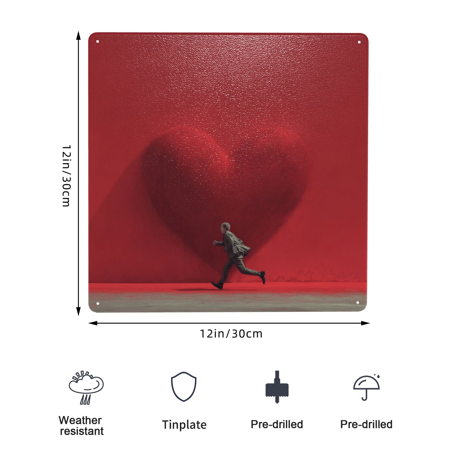 Red Heart & Running Man Tin Sign | Modern Minimalist Wall Art | 12"x12" Emotional Metal Decor