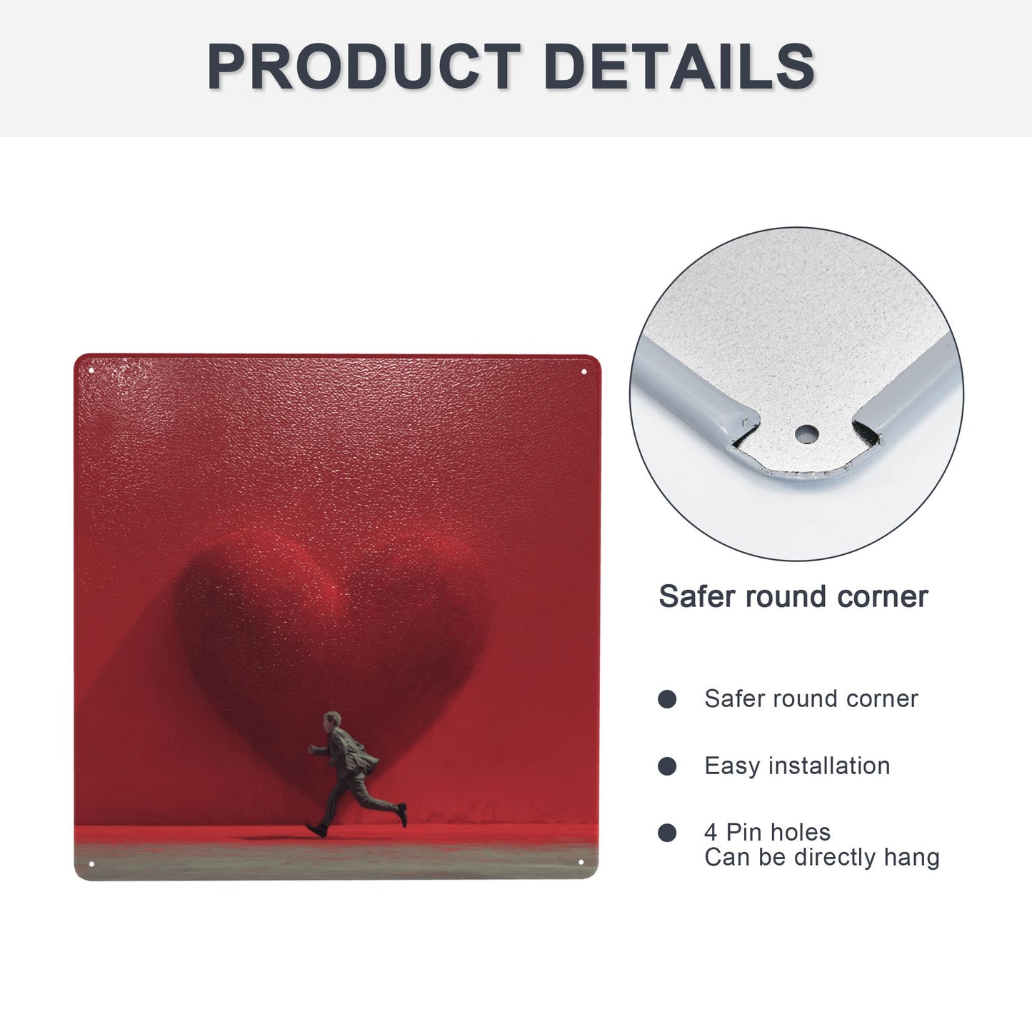 Red Heart & Running Man Tin Sign | Modern Minimalist Wall Art | 12"x12" Emotional Metal Decor