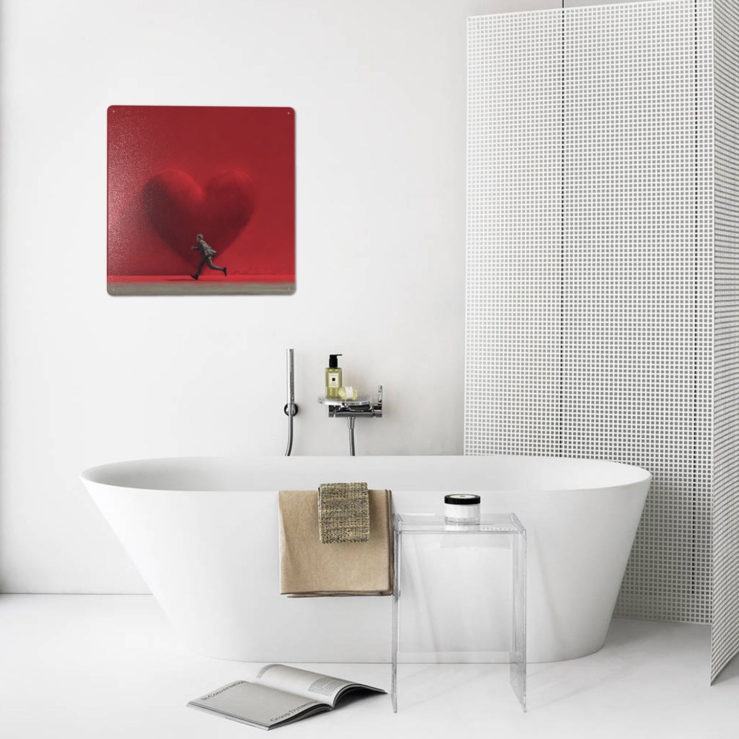 Red Heart & Running Man Tin Sign | Modern Minimalist Wall Art | 12"x12" Emotional Metal Decor