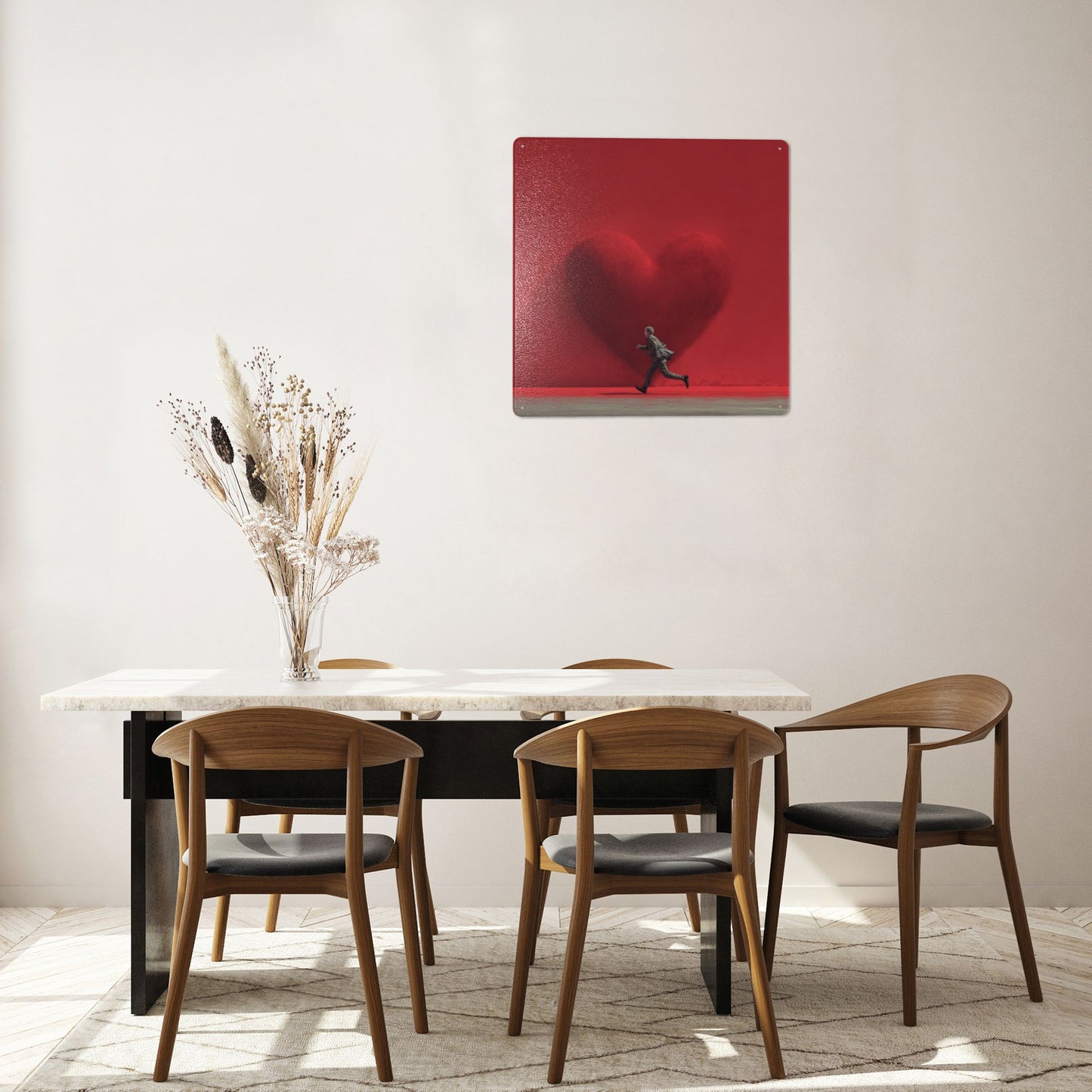 Red Heart & Running Man Tin Sign | Modern Minimalist Wall Art | 12"x12" Emotional Metal Decor