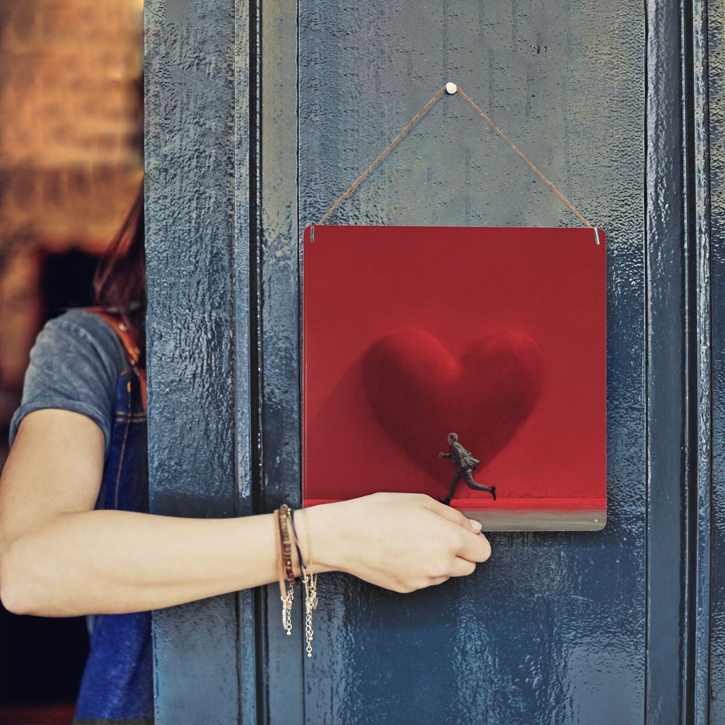 Red Heart & Running Man Tin Sign | Modern Minimalist Wall Art | 12"x12" Emotional Metal Decor