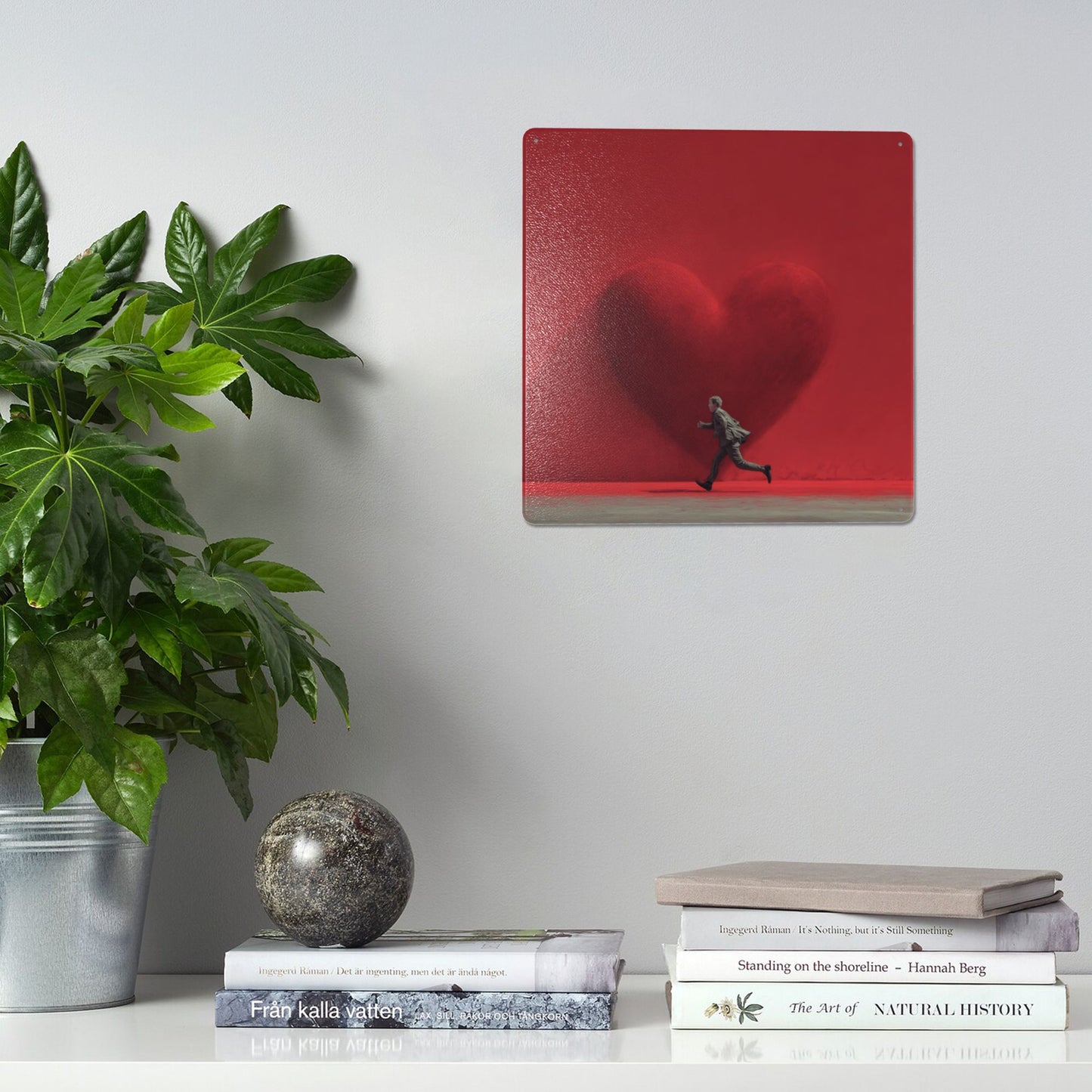 Red Heart & Running Man Tin Sign | Modern Minimalist Wall Art | 12"x12" Emotional Metal Decor