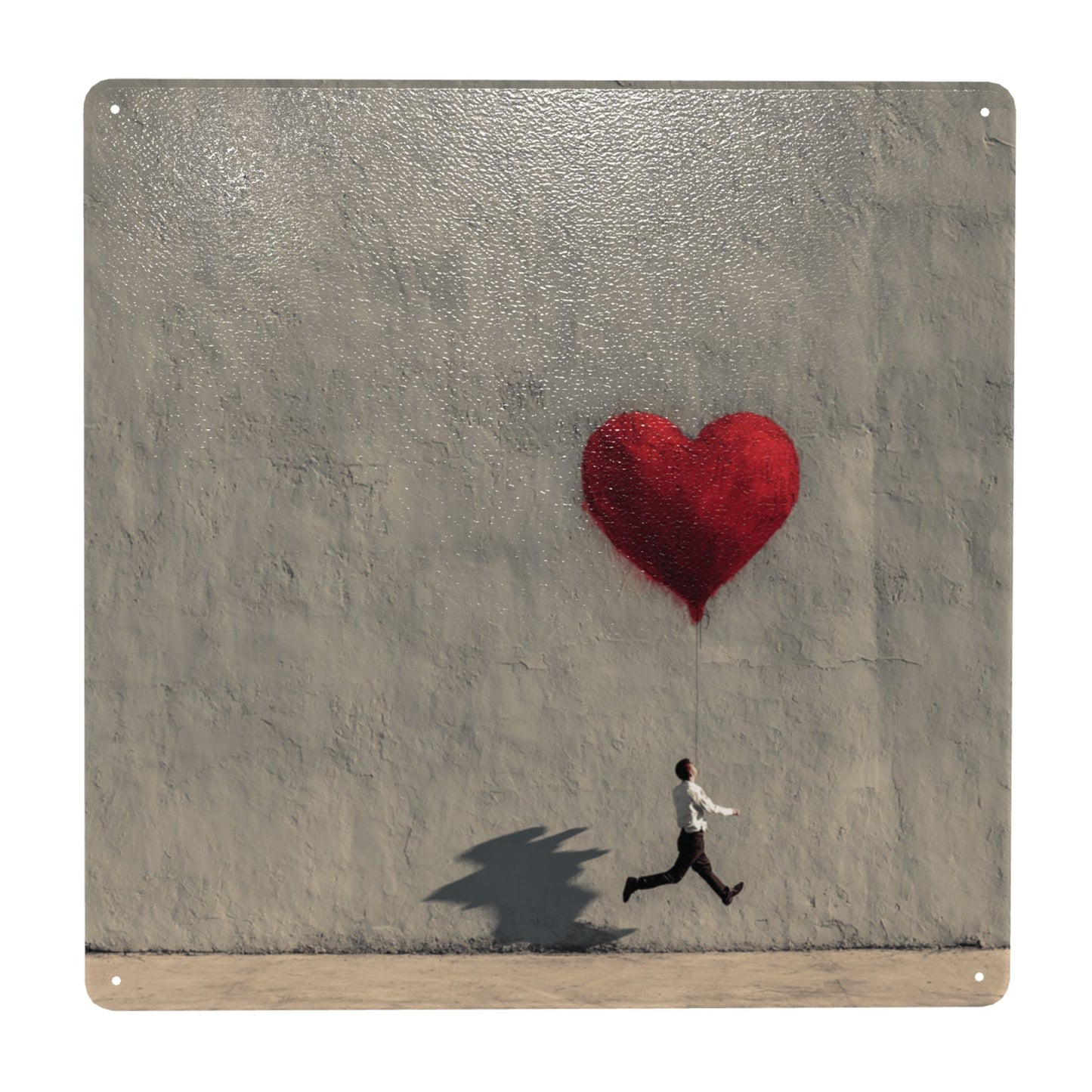Red Heart Balloon & Running Man Wall Art | 12"x12" Minimalist Tin Sign | Emotional Metal Decor