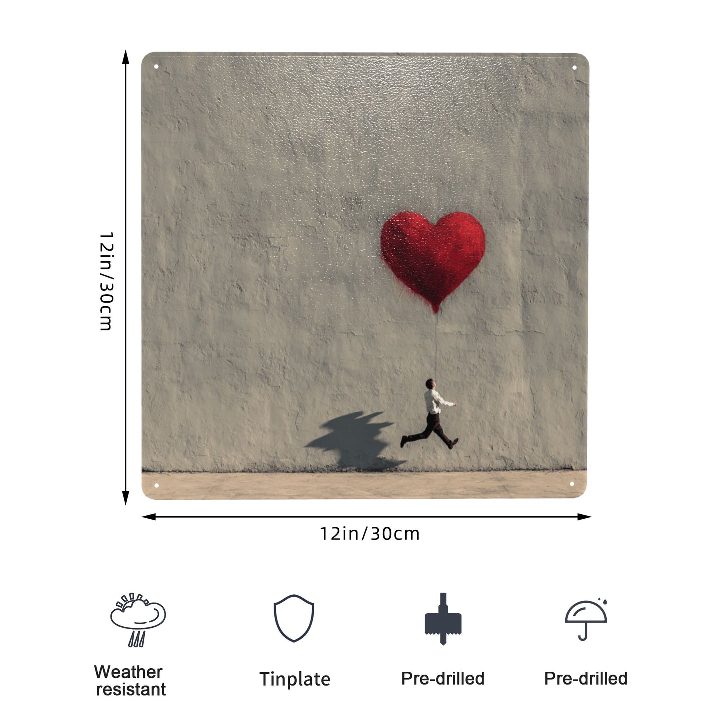 Red Heart Balloon & Running Man Wall Art | 12"x12" Minimalist Tin Sign | Emotional Metal Decor