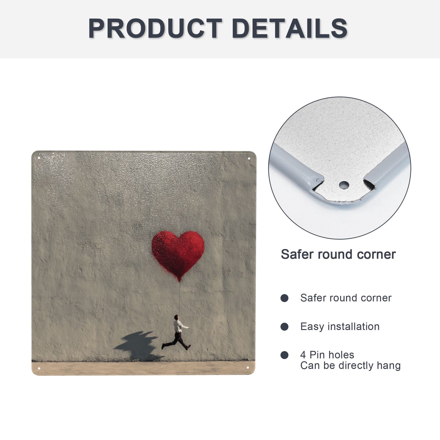 Red Heart Balloon & Running Man Wall Art | 12"x12" Minimalist Tin Sign | Emotional Metal Decor