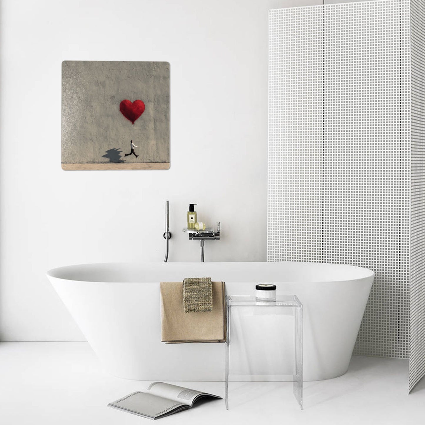 Red Heart Balloon & Running Man Wall Art | 12"x12" Minimalist Tin Sign | Emotional Metal Decor