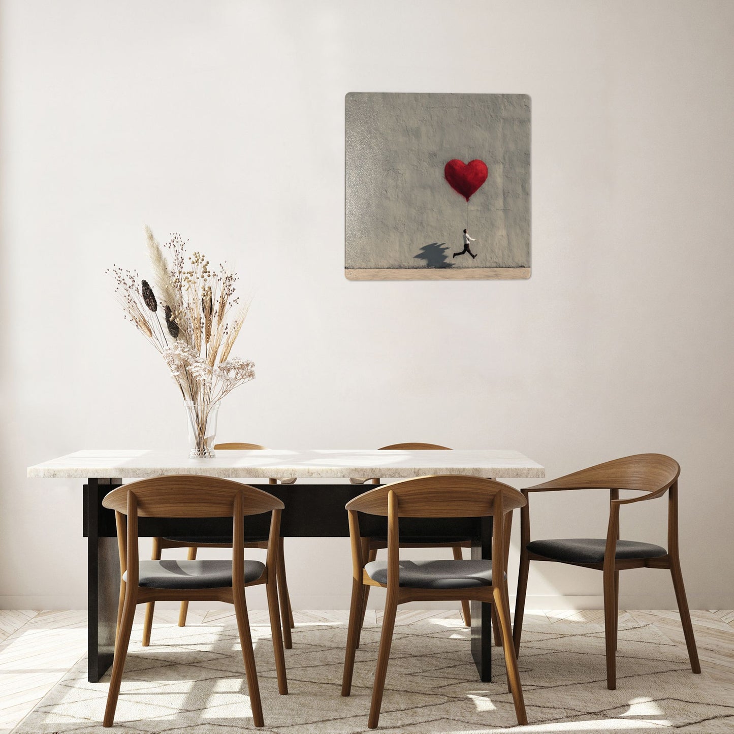 Red Heart Balloon & Running Man Wall Art | 12"x12" Minimalist Tin Sign | Emotional Metal Decor