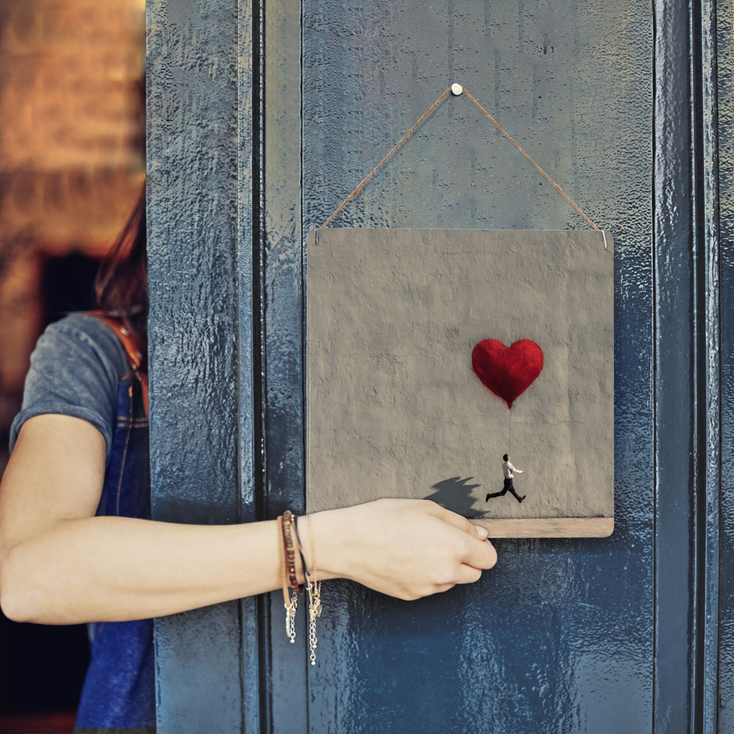 Red Heart Balloon & Running Man Wall Art | 12"x12" Minimalist Tin Sign | Emotional Metal Decor