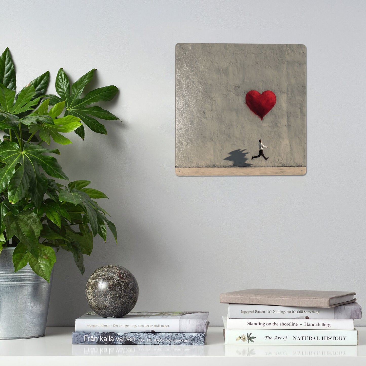 Red Heart Balloon & Running Man Wall Art | 12"x12" Minimalist Tin Sign | Emotional Metal Decor