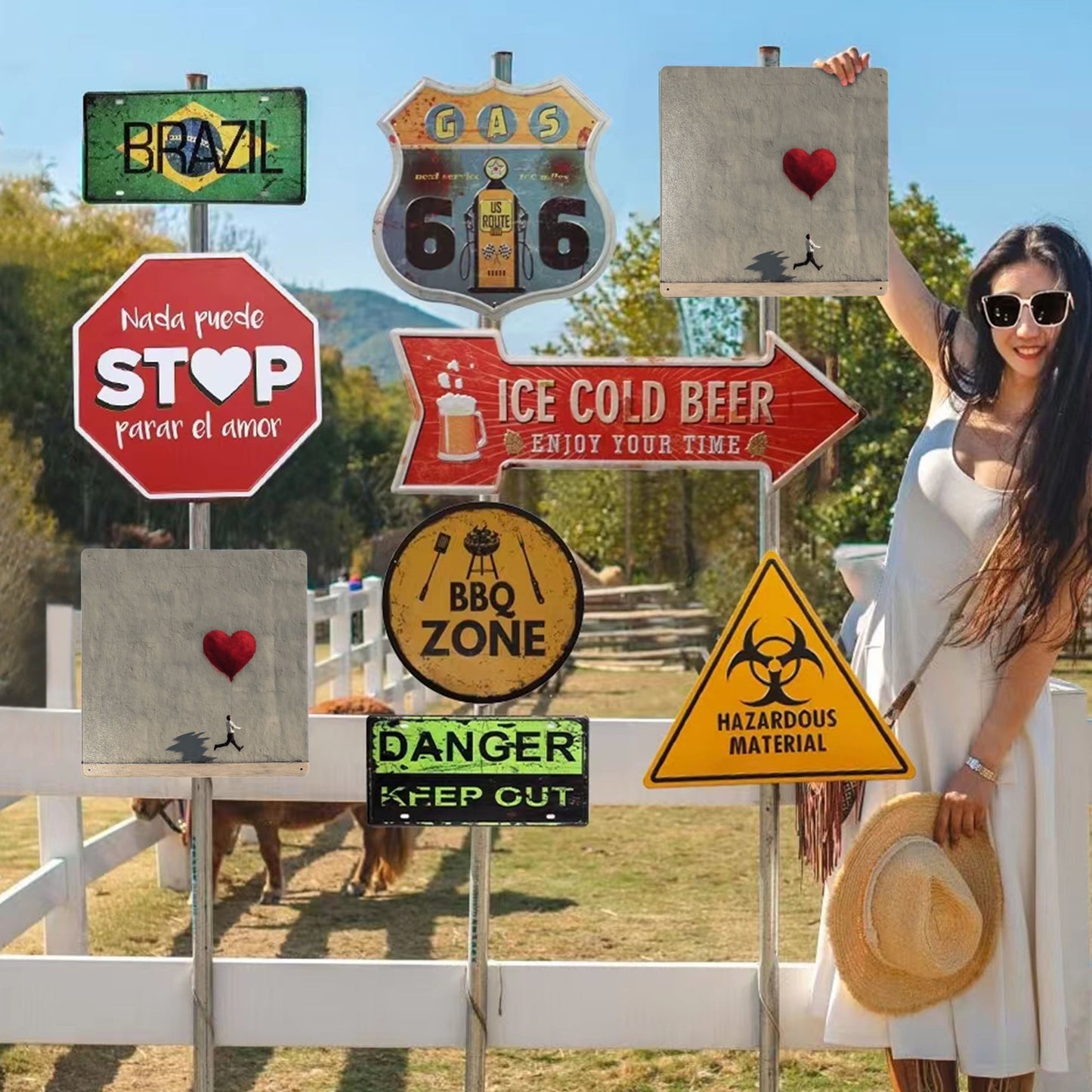 Red Heart Balloon & Running Man Wall Art | 12"x12" Minimalist Tin Sign | Emotional Metal Decor