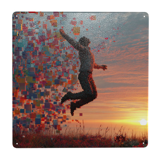 Pixelated Jump Metal Wall Art | 12"x12" Tinplate Sign | Digital Emotion Series