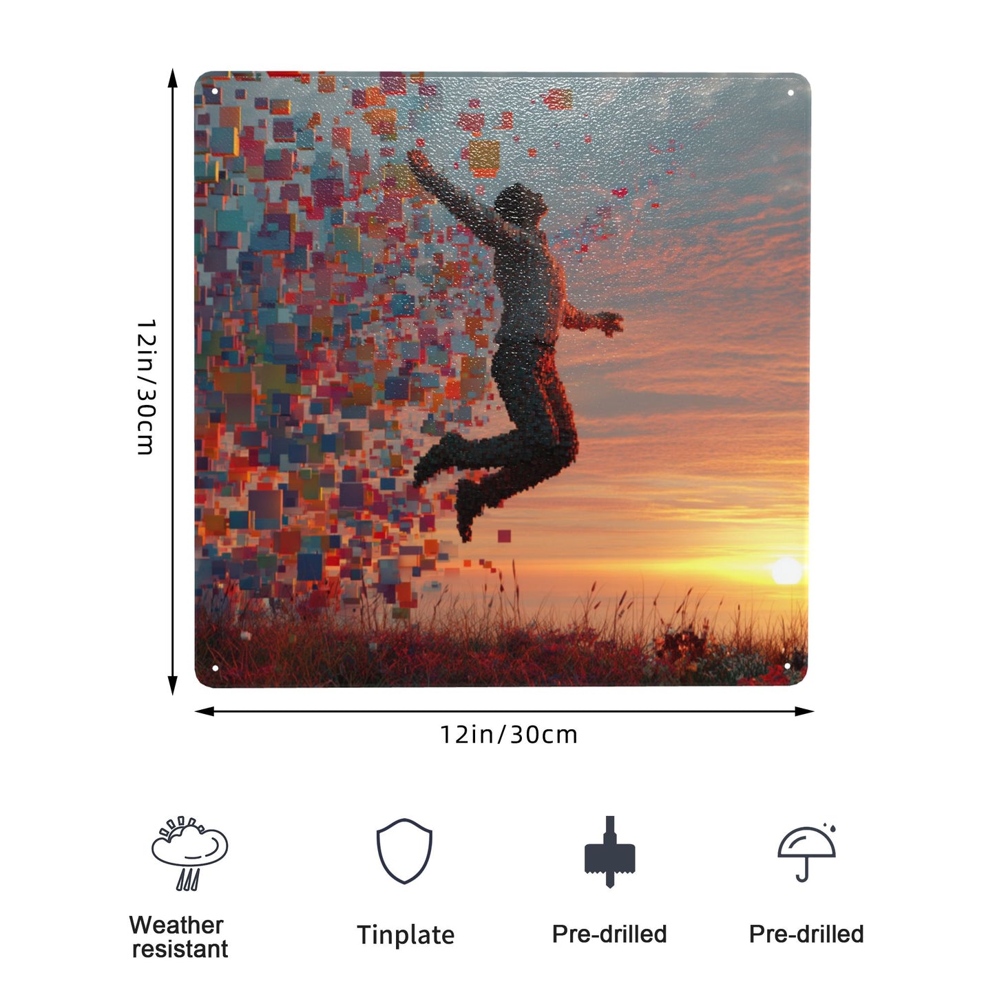 Pixelated Jump Metal Wall Art | 12"x12" Tinplate Sign | Digital Emotion Series