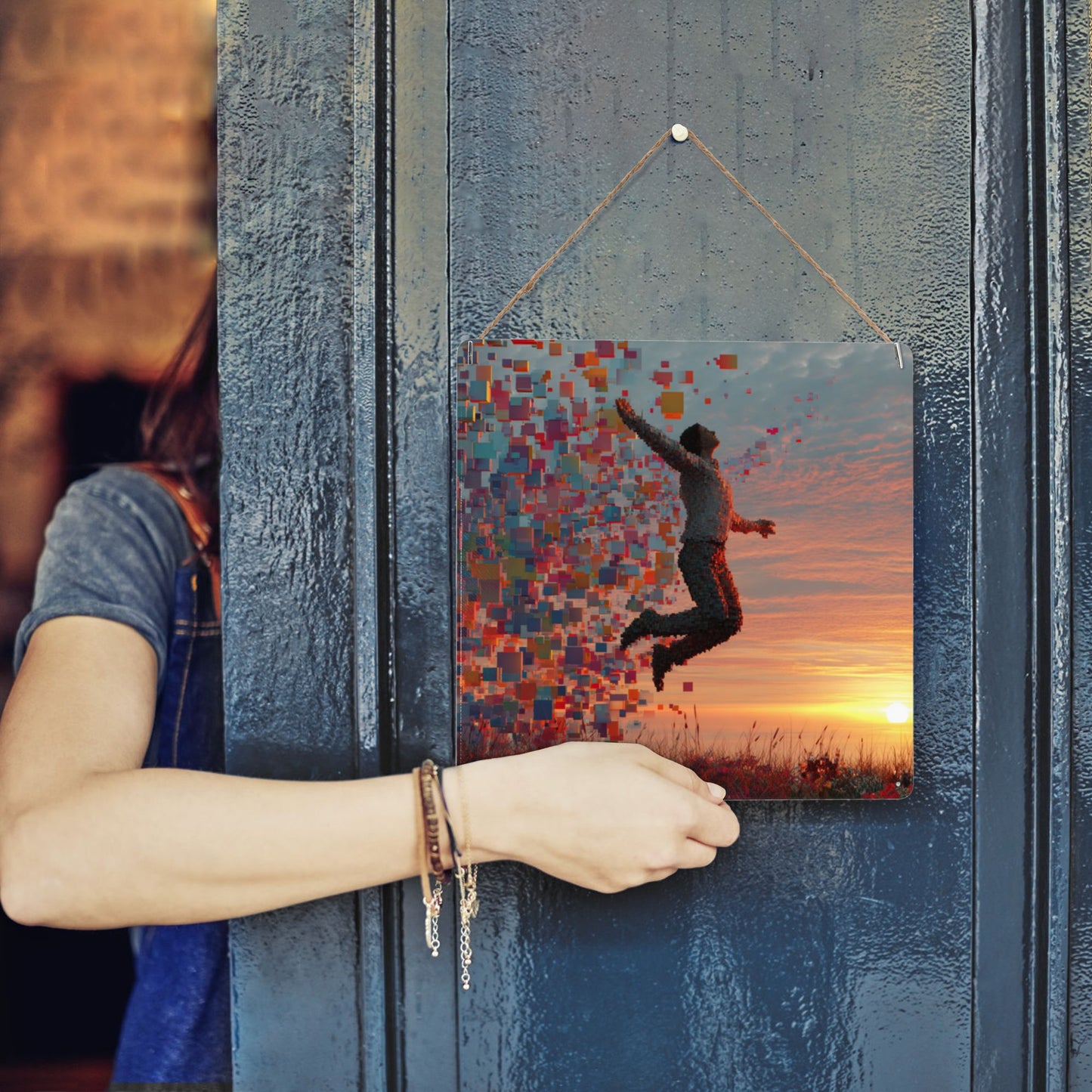 Pixelated Jump Metal Wall Art | 12"x12" Tinplate Sign | Digital Emotion Series