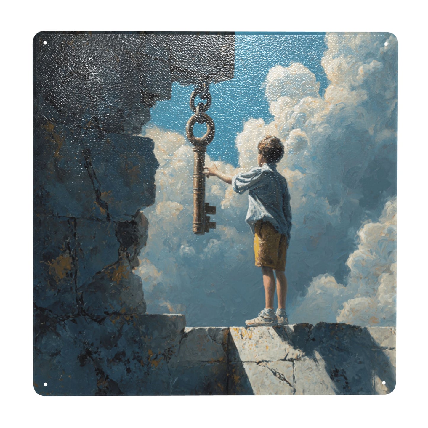 The Boy & the Key | Dream Gate Fantasy Tin Wall Art | 12"x12" Cloud Realm Metal Sign
