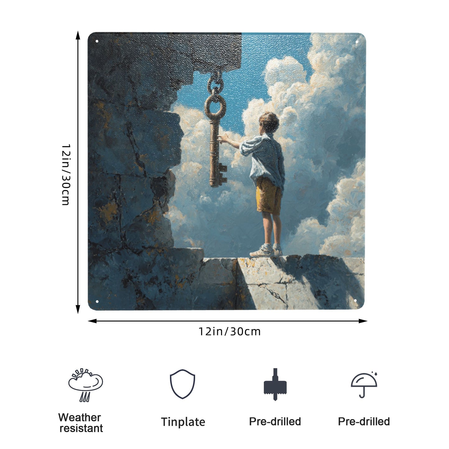 The Boy & the Key | Dream Gate Fantasy Tin Wall Art | 12"x12" Cloud Realm Metal Sign