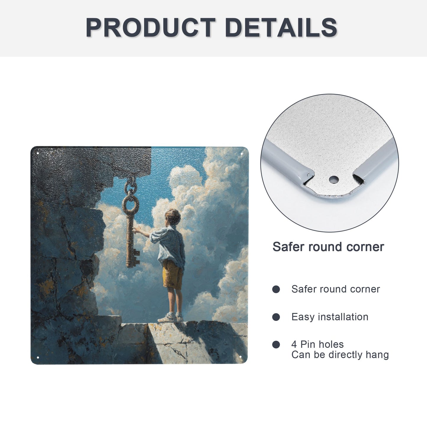 The Boy & the Key | Dream Gate Fantasy Tin Wall Art | 12"x12" Cloud Realm Metal Sign