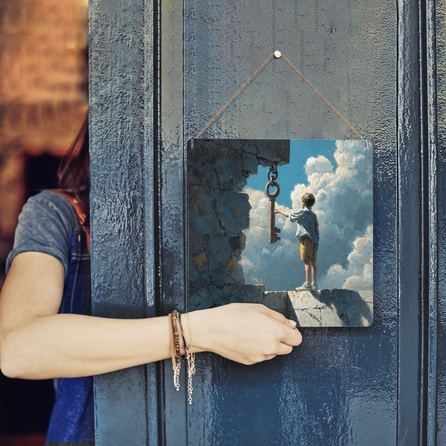 The Boy & the Key | Dream Gate Fantasy Tin Wall Art | 12"x12" Cloud Realm Metal Sign