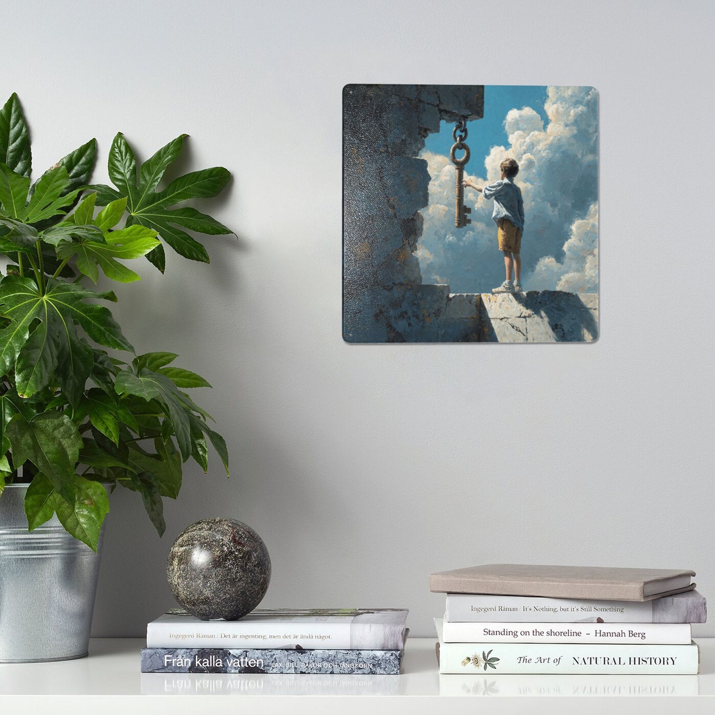 The Boy & the Key | Dream Gate Fantasy Tin Wall Art | 12"x12" Cloud Realm Metal Sign