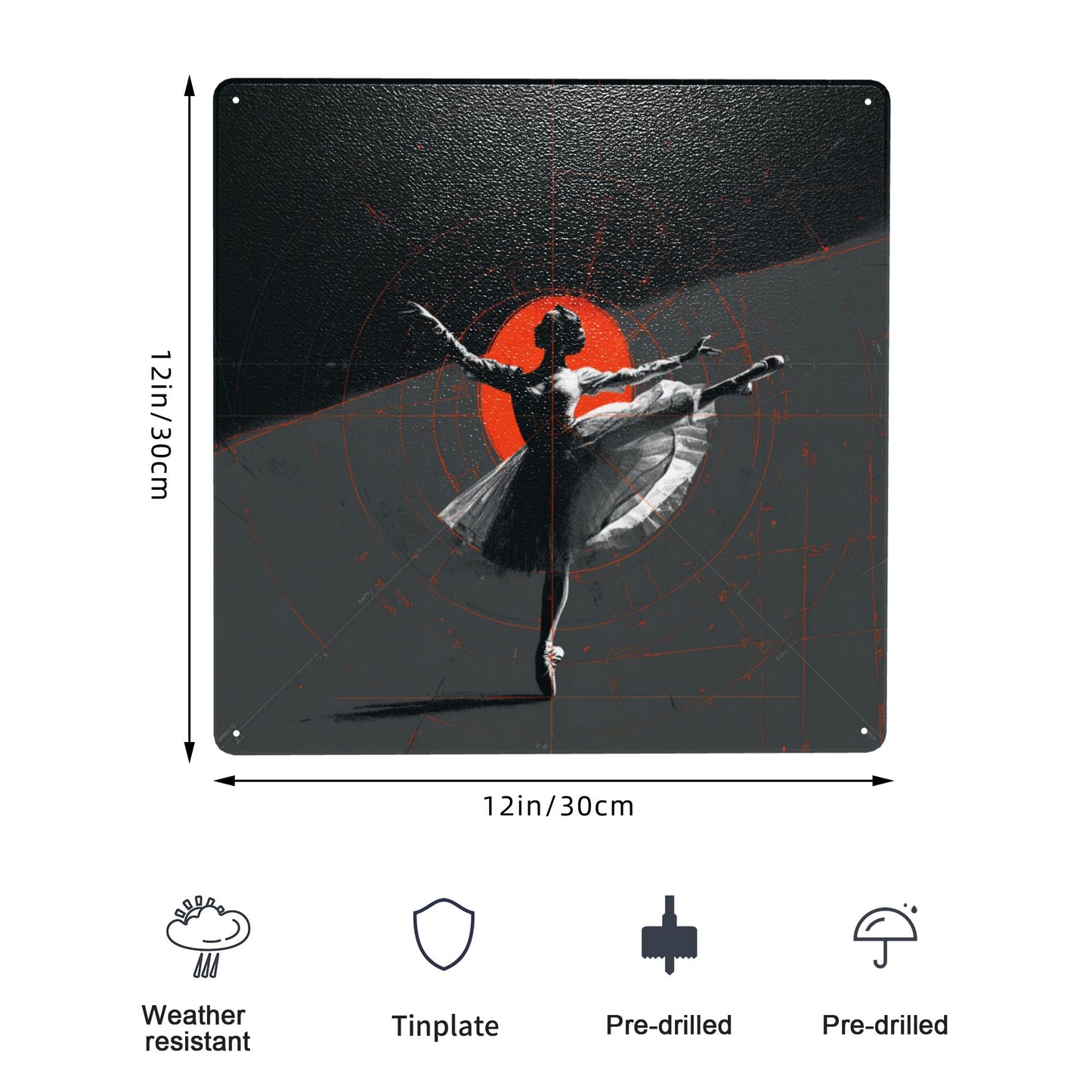 Grace Ignited – Ballerina Modern Tin Wall Art | Abstract Industrial Metal Poster | 12"x12" | Waterproof | Pre-Drilled & Easy to Hang