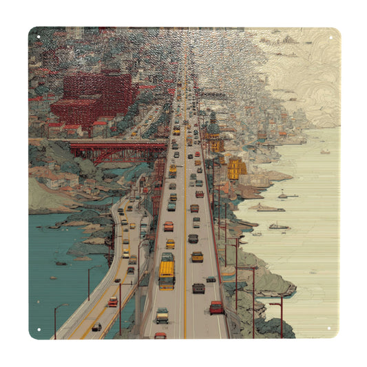 Urban Highway Illustration Wall Art | 12"x12" Tin Metal Poster | Retro Cityscape Decor | Pre-Drilled Tinplate Sign for Home & Office