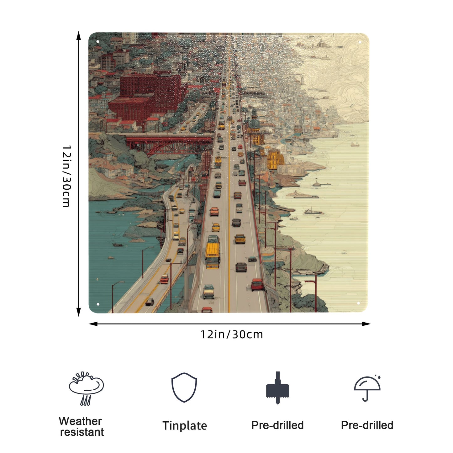 Urban Highway Illustration Wall Art | 12"x12" Tin Metal Poster | Retro Cityscape Decor | Pre-Drilled Tinplate Sign for Home & Office