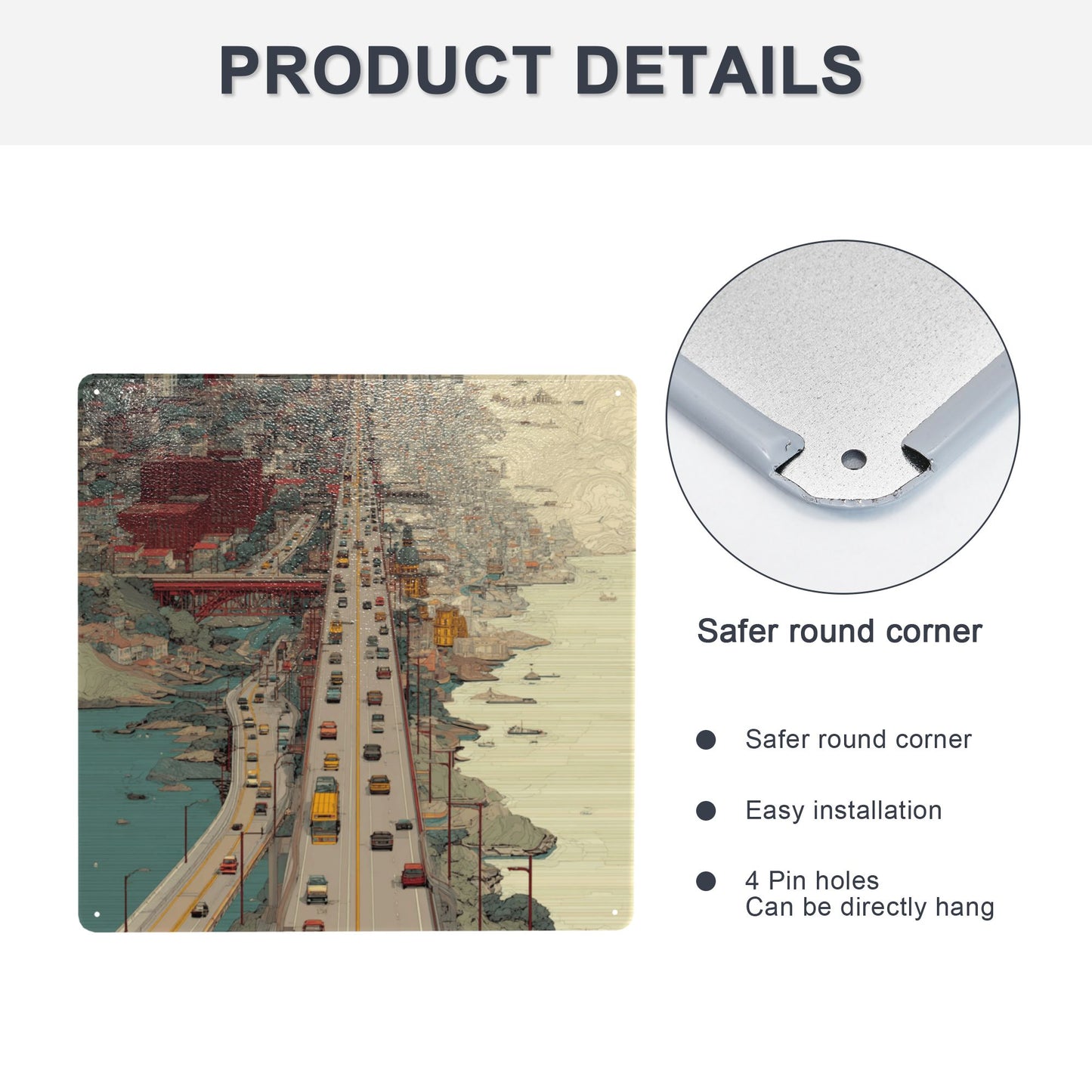 Urban Highway Illustration Wall Art | 12"x12" Tin Metal Poster | Retro Cityscape Decor | Pre-Drilled Tinplate Sign for Home & Office