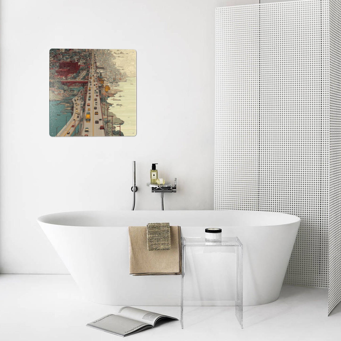 Urban Highway Illustration Wall Art | 12"x12" Tin Metal Poster | Retro Cityscape Decor | Pre-Drilled Tinplate Sign for Home & Office