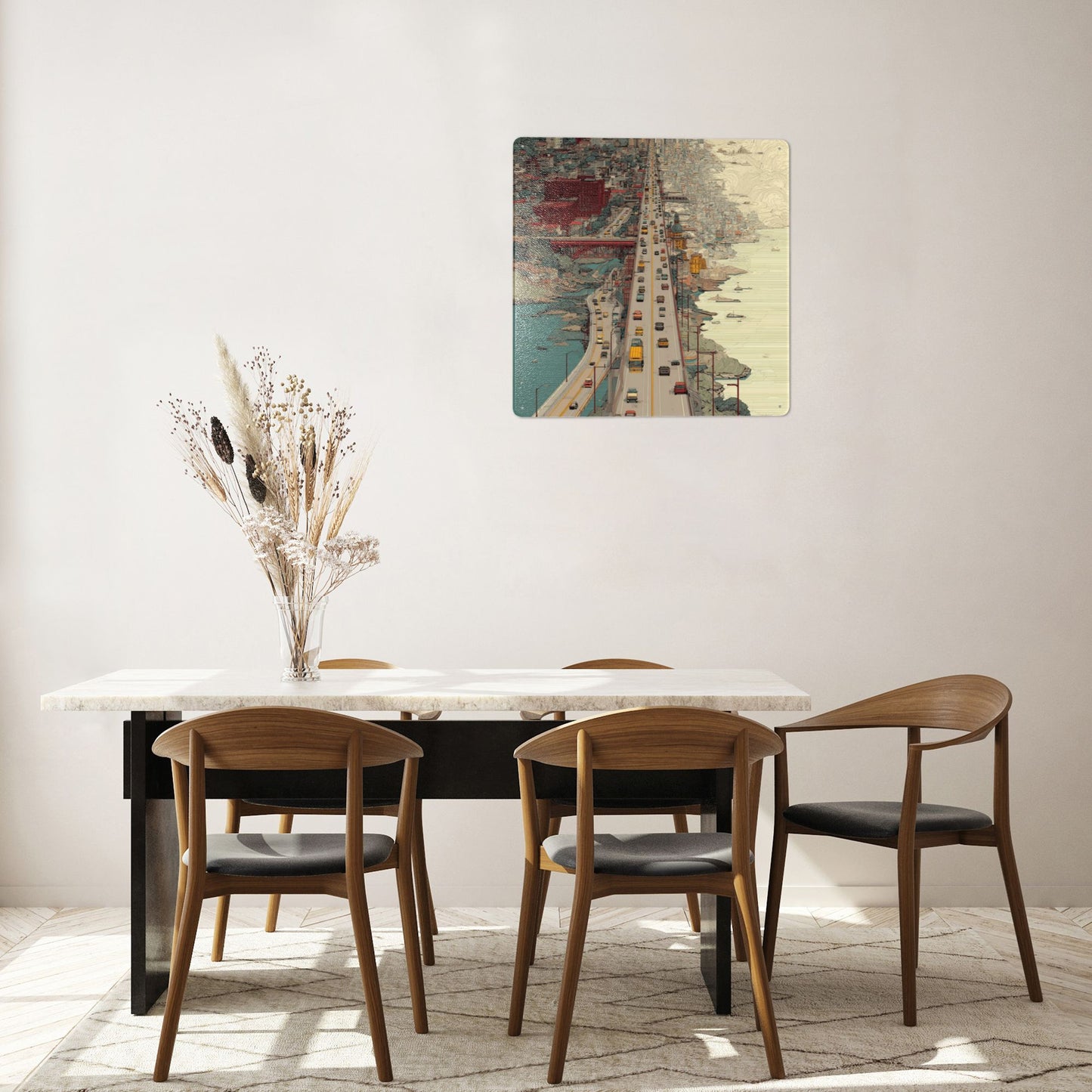 Urban Highway Illustration Wall Art | 12"x12" Tin Metal Poster | Retro Cityscape Decor | Pre-Drilled Tinplate Sign for Home & Office