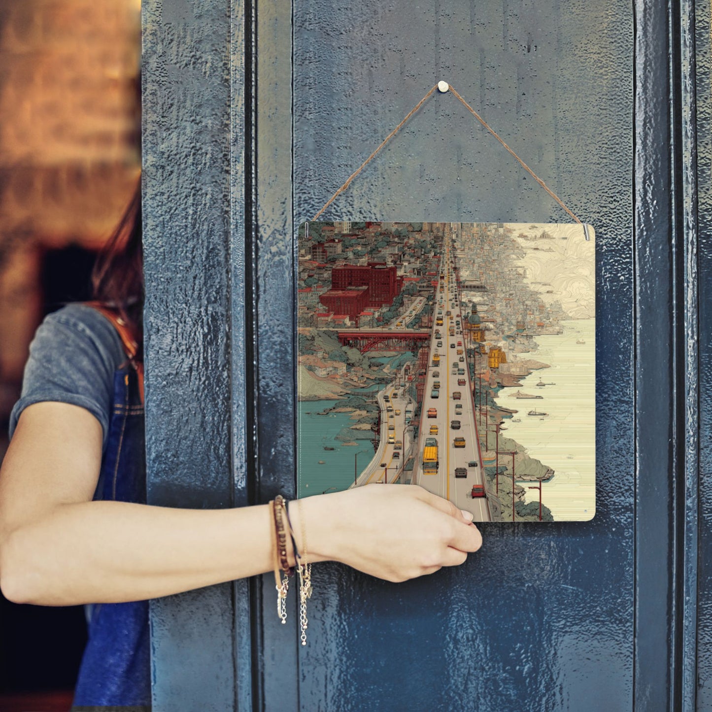 Urban Highway Illustration Wall Art | 12"x12" Tin Metal Poster | Retro Cityscape Decor | Pre-Drilled Tinplate Sign for Home & Office