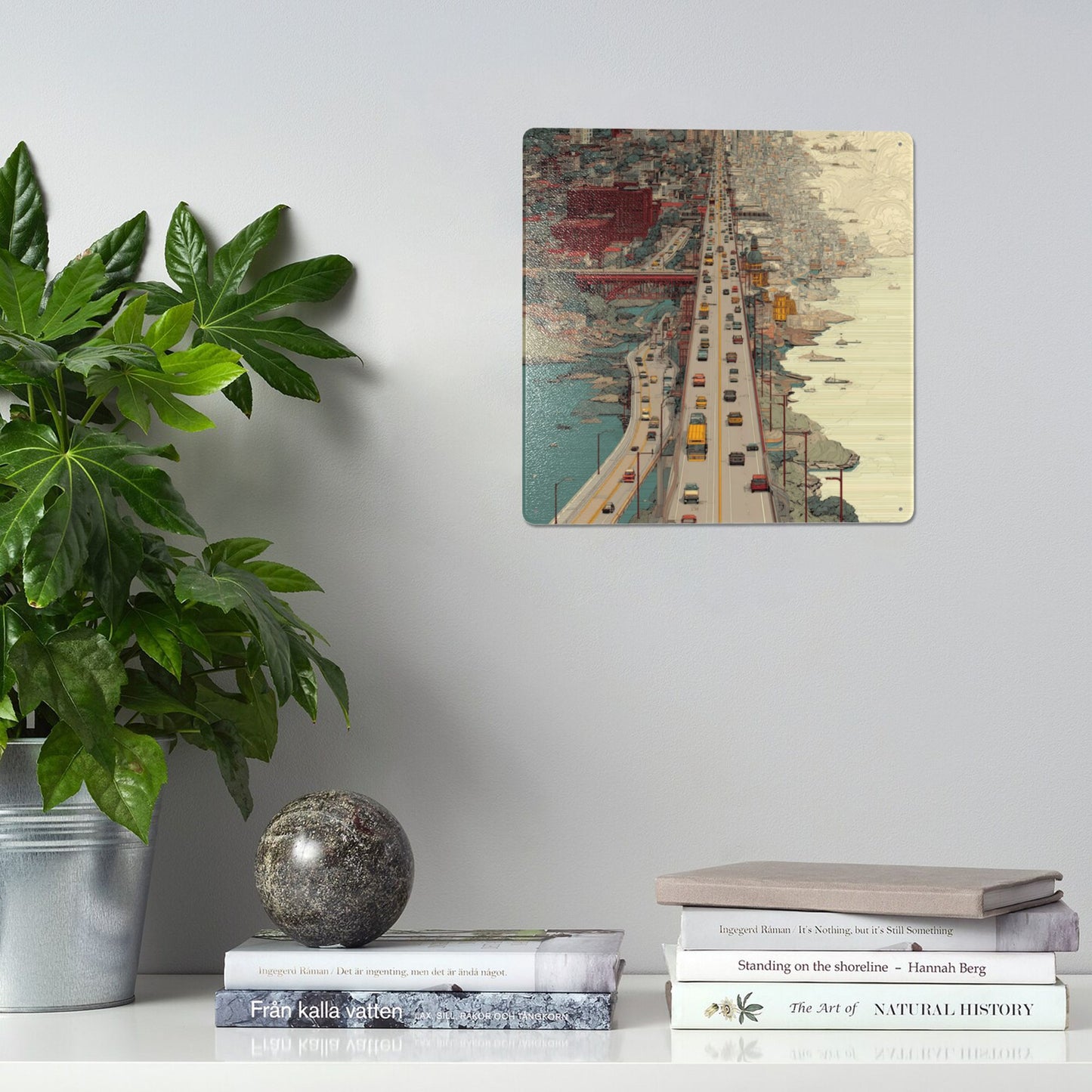 Urban Highway Illustration Wall Art | 12"x12" Tin Metal Poster | Retro Cityscape Decor | Pre-Drilled Tinplate Sign for Home & Office