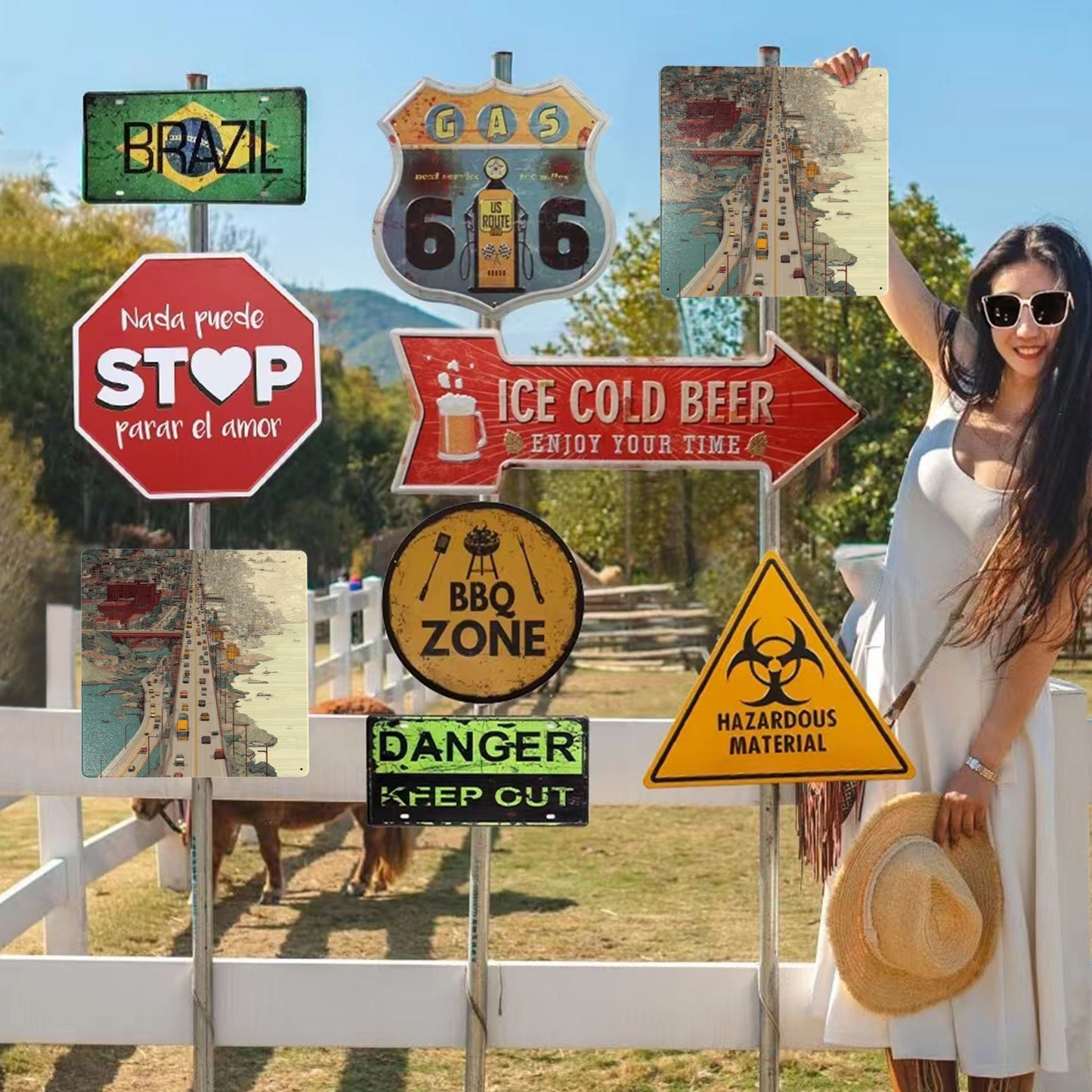 Urban Highway Illustration Wall Art | 12"x12" Tin Metal Poster | Retro Cityscape Decor | Pre-Drilled Tinplate Sign for Home & Office